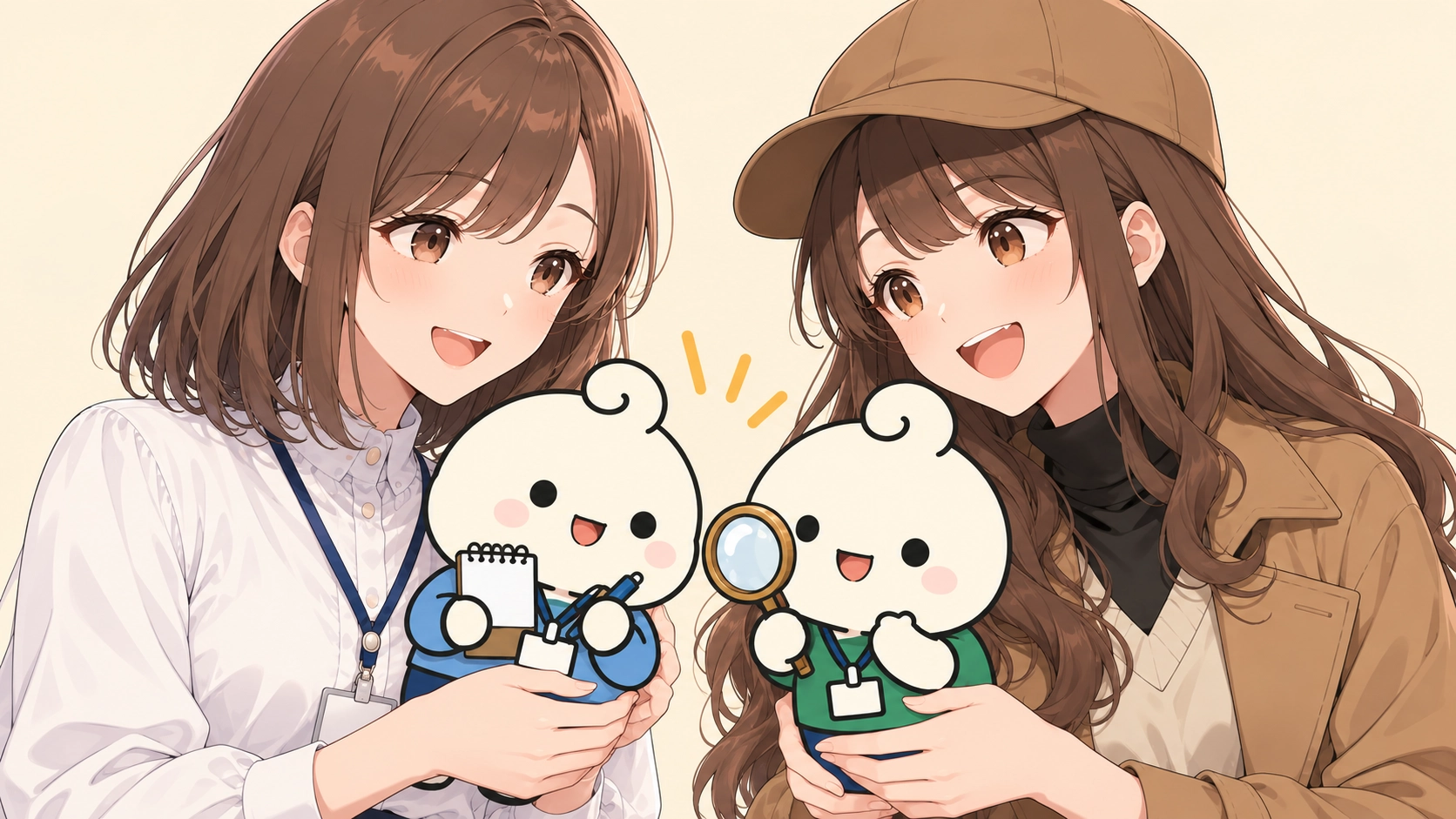 司書さんと探偵さんがふたりのキャラクターを持つ、相性チェックのイラスト